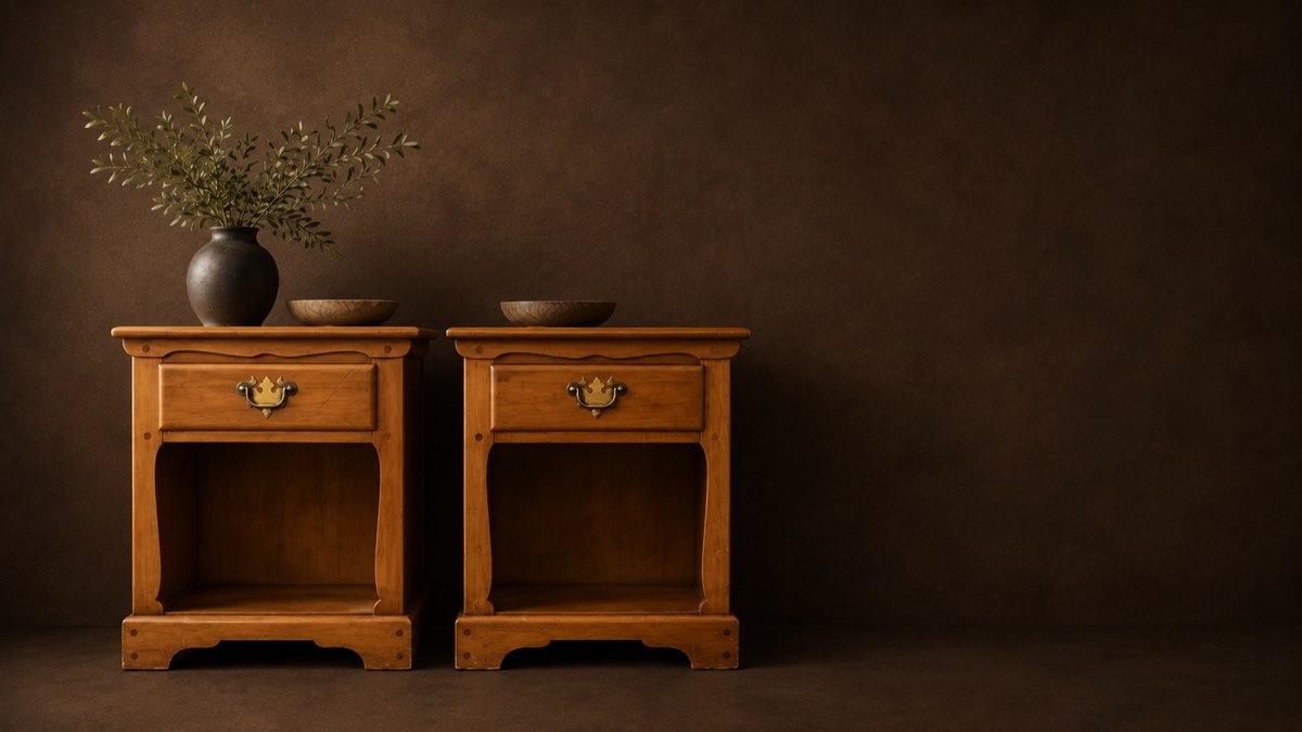 Pair of restored wood nightstands with a vase of olive branches