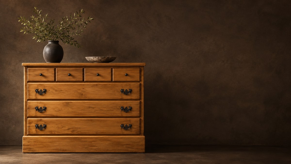 Restored wood dresser with a vase of olive branches