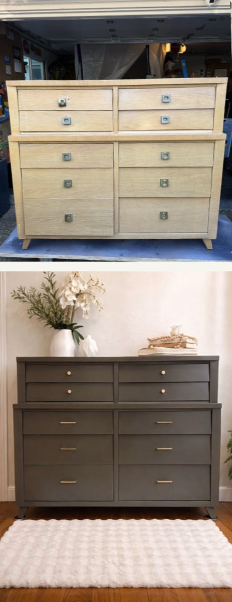 Mid-century dresser before and after, showing the beautiful veneer beneath the finish