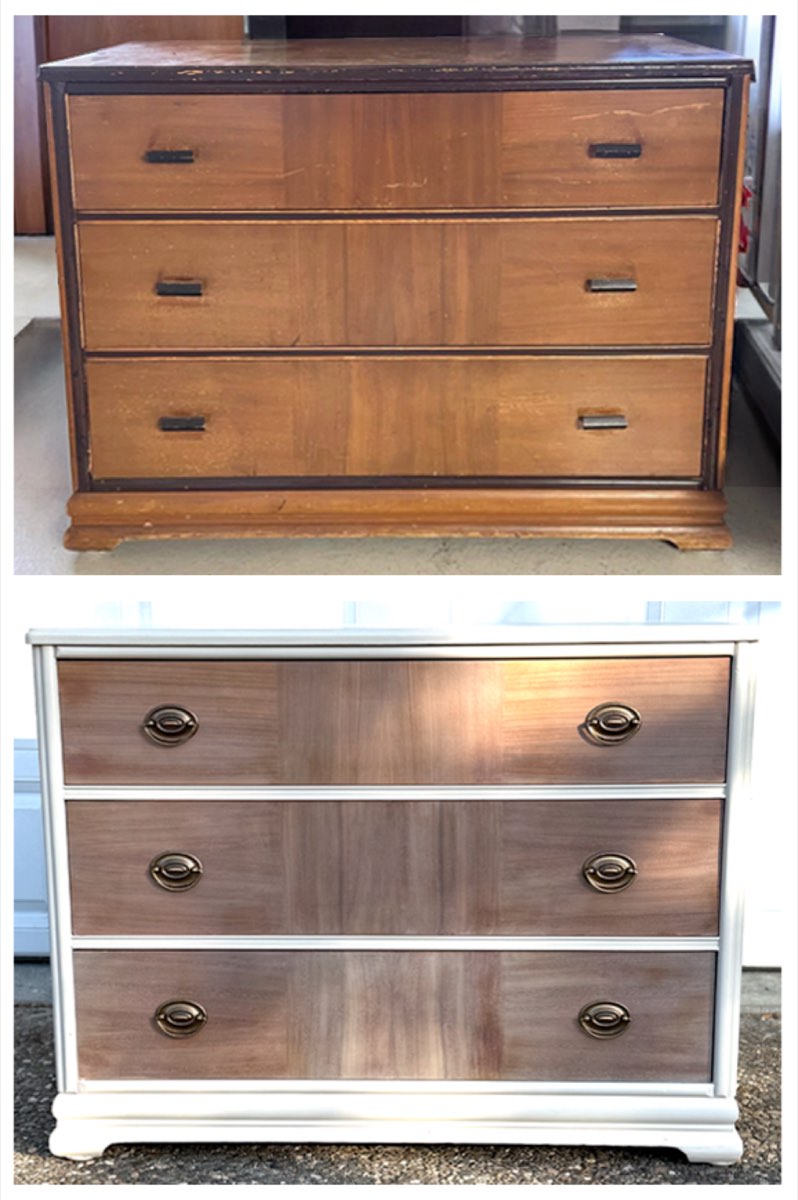 A wood dresser before and after refinishing, from worn wood tones to a crisp white with a wood-grain top and brass hardware