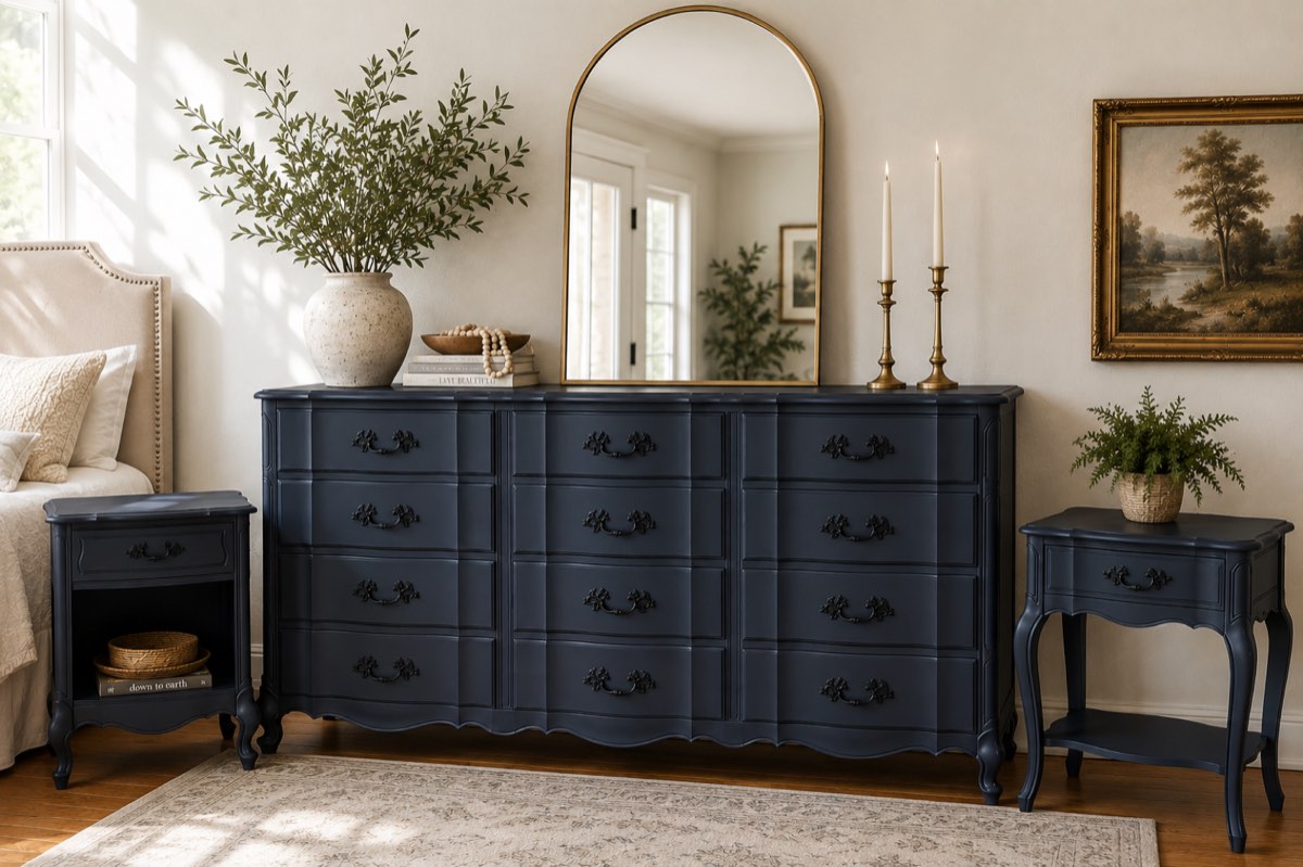 Navy French dresser in a styled bedroom
